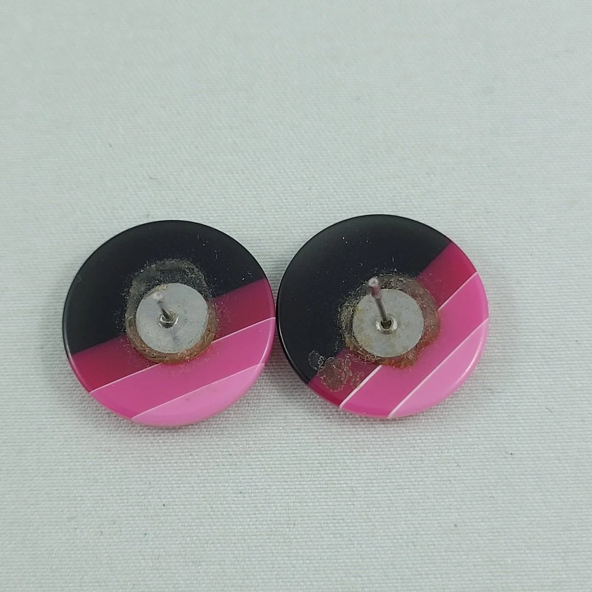 THREE PAIRS - 1980s Mod Cotton Candy Pink Door Knocker Round Faded Stripe 3D Crescent Lucite Pierced Earrings -3.jpg