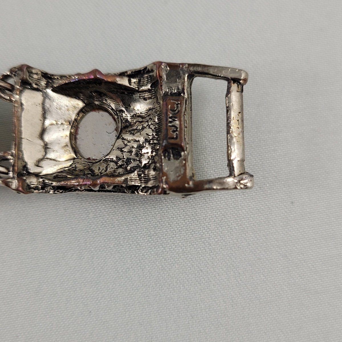 LJM Laurentian Jewellery Manufacturing Faux Gripoix Byzantine Etruscan Style Antiqued Silver Copper Panel Bracelet Marking
