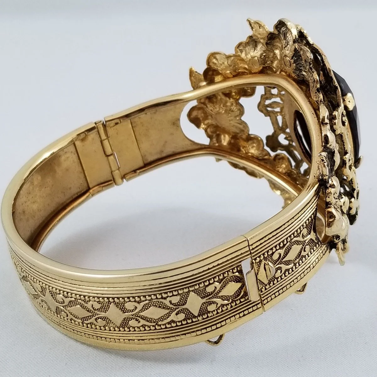 Gothic Revival Bangle Amethyst Glass Etched Scroll Gold-Tone Hinged Bracelet -3.jpg