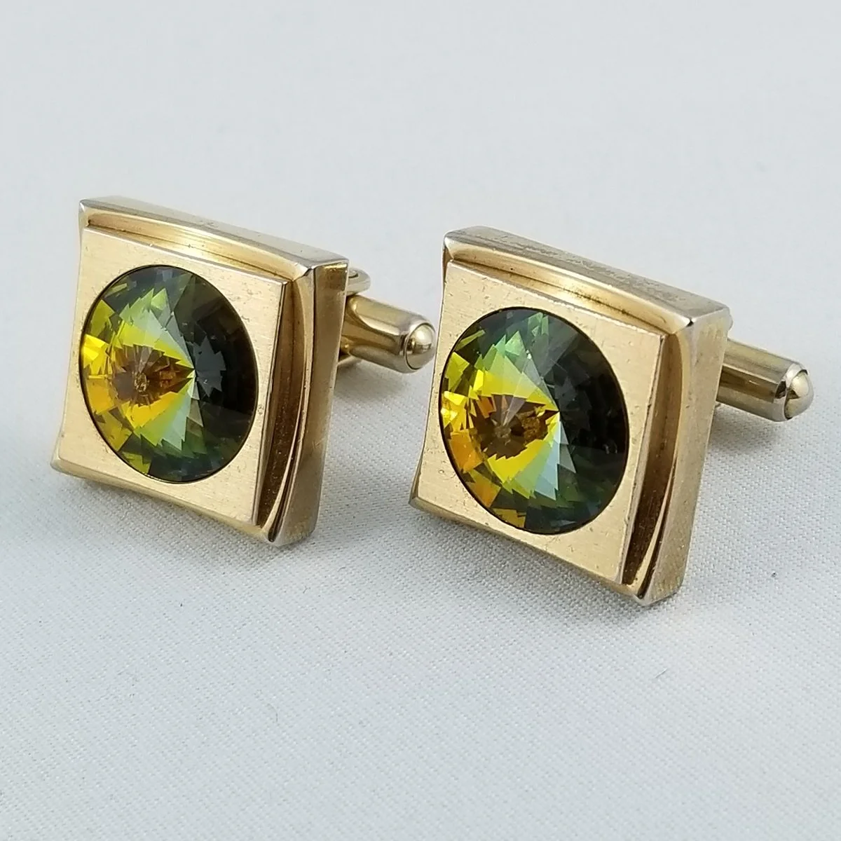 Modernist Olivine Watermelon Rivoli Austrian Crystal Square Cufflinks -6.jpg