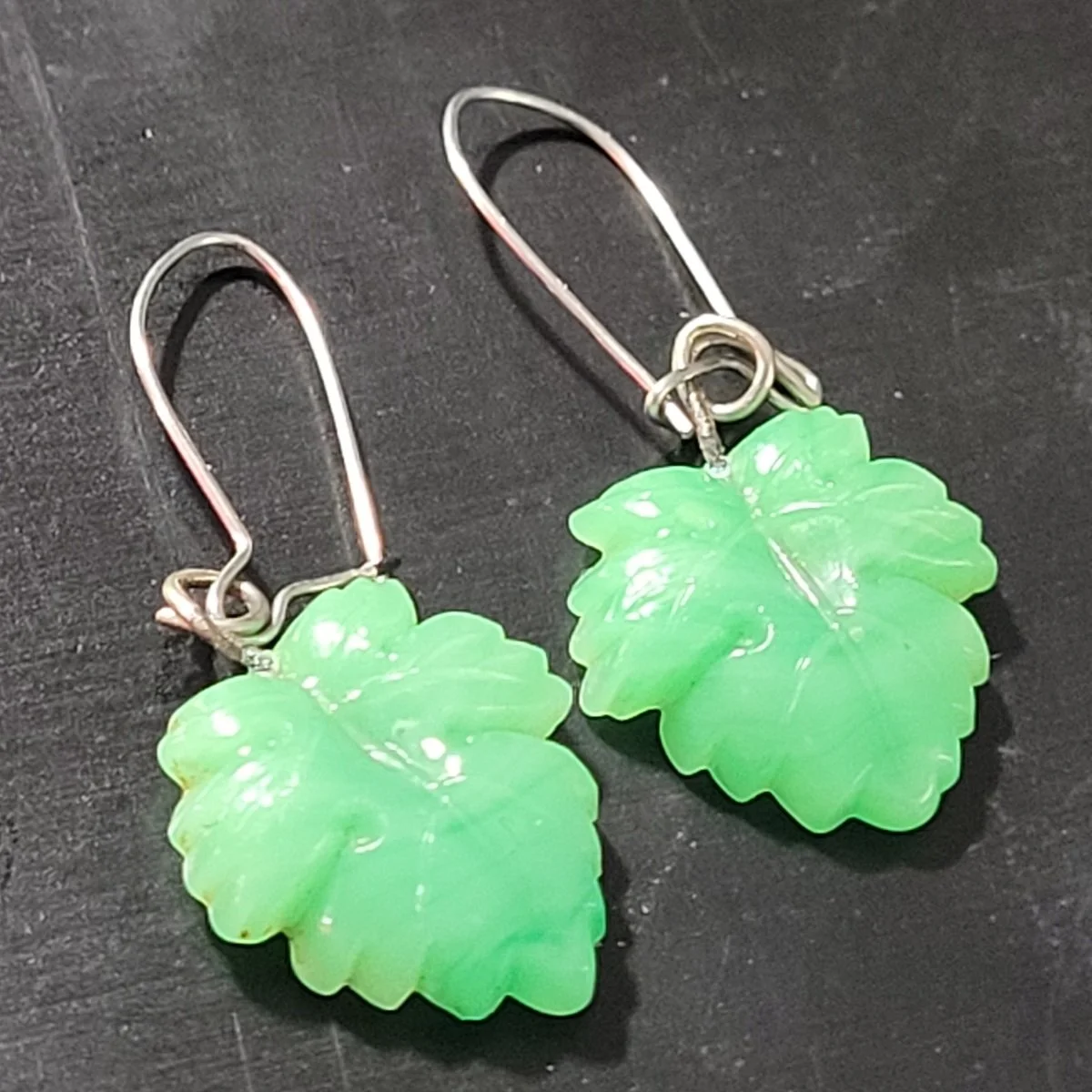 Josef Riedel Neugablonz Translucent Chrysoprase Green Glass Pressed Leaf Drop Pierced Earrings -7.jpg (Copy)