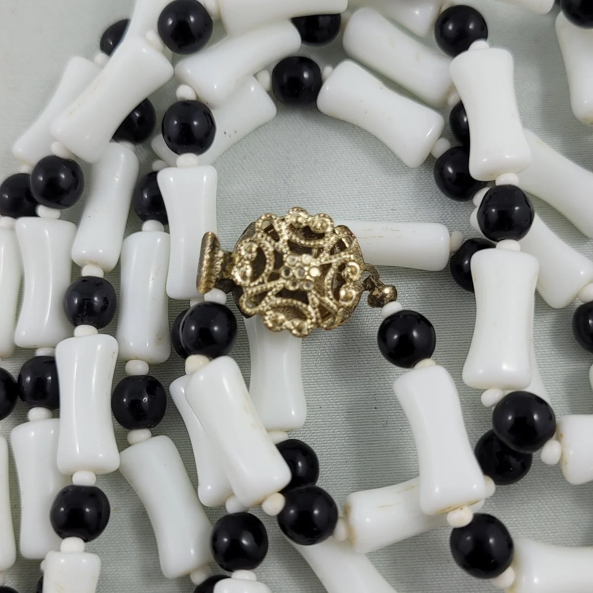 Milk Glass Bone Bead Black Round Glass Beaded 55 Inch Rope Necklace w Filigree Box Clasp -4.jpg