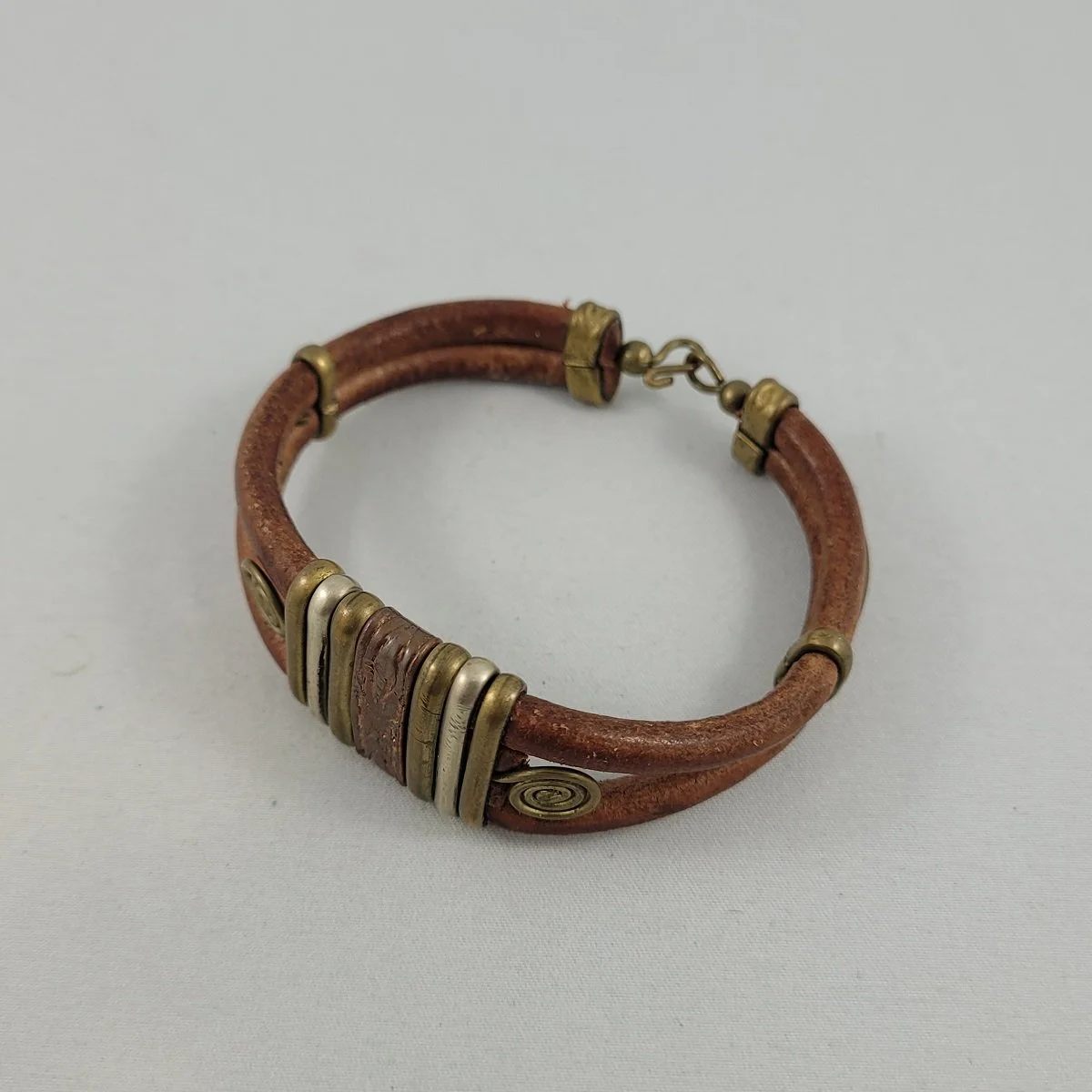 Boho Tribal Artisan Tri-Metal Copper Silver Brass Wrapped Brown Genuine Leather Flex Bracelet