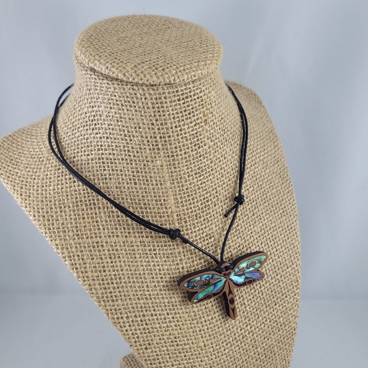First Nations Cherry Wood Dragonfly Pendant with Abalone Philosopher by Shain Jackson Adjustable Leather Cord Necklace Front Side