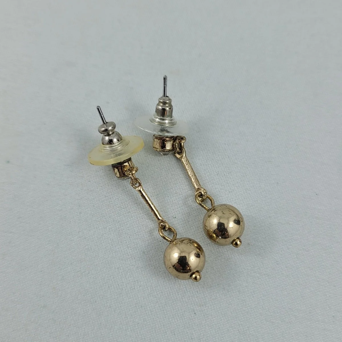 Rhinestone Gold Tube and Round Bead Drop 1.25 Inch Dangle Pierced Earrings -1.jpg