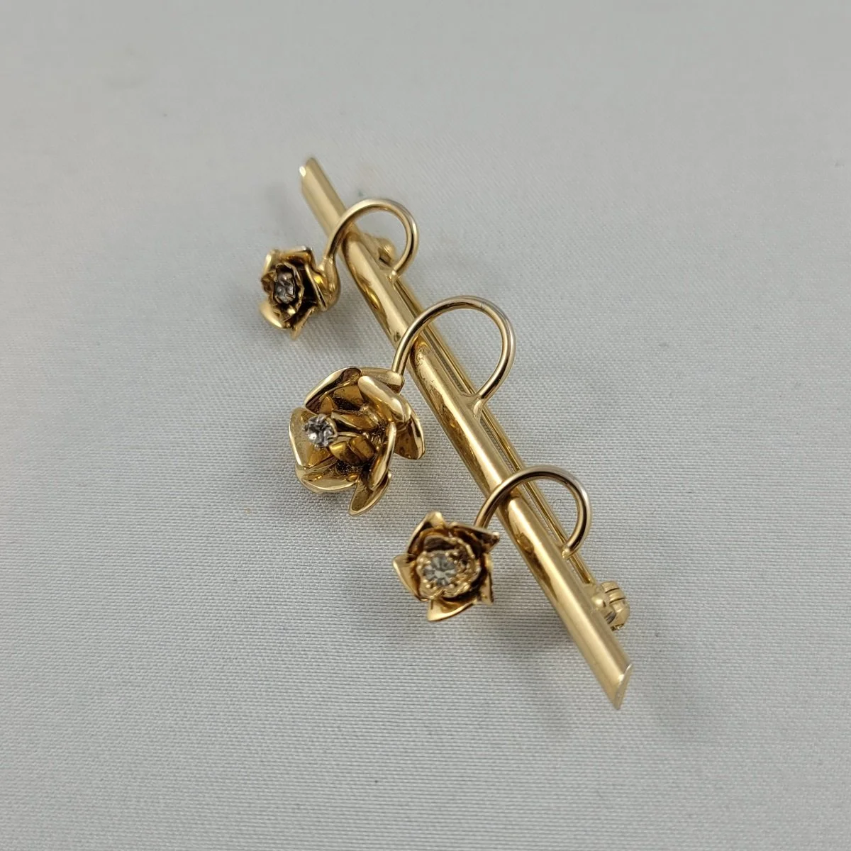 1960's Triple Clear Rhinestone Drop Flower 2.5 Inch Gold-tone Bar Brooch