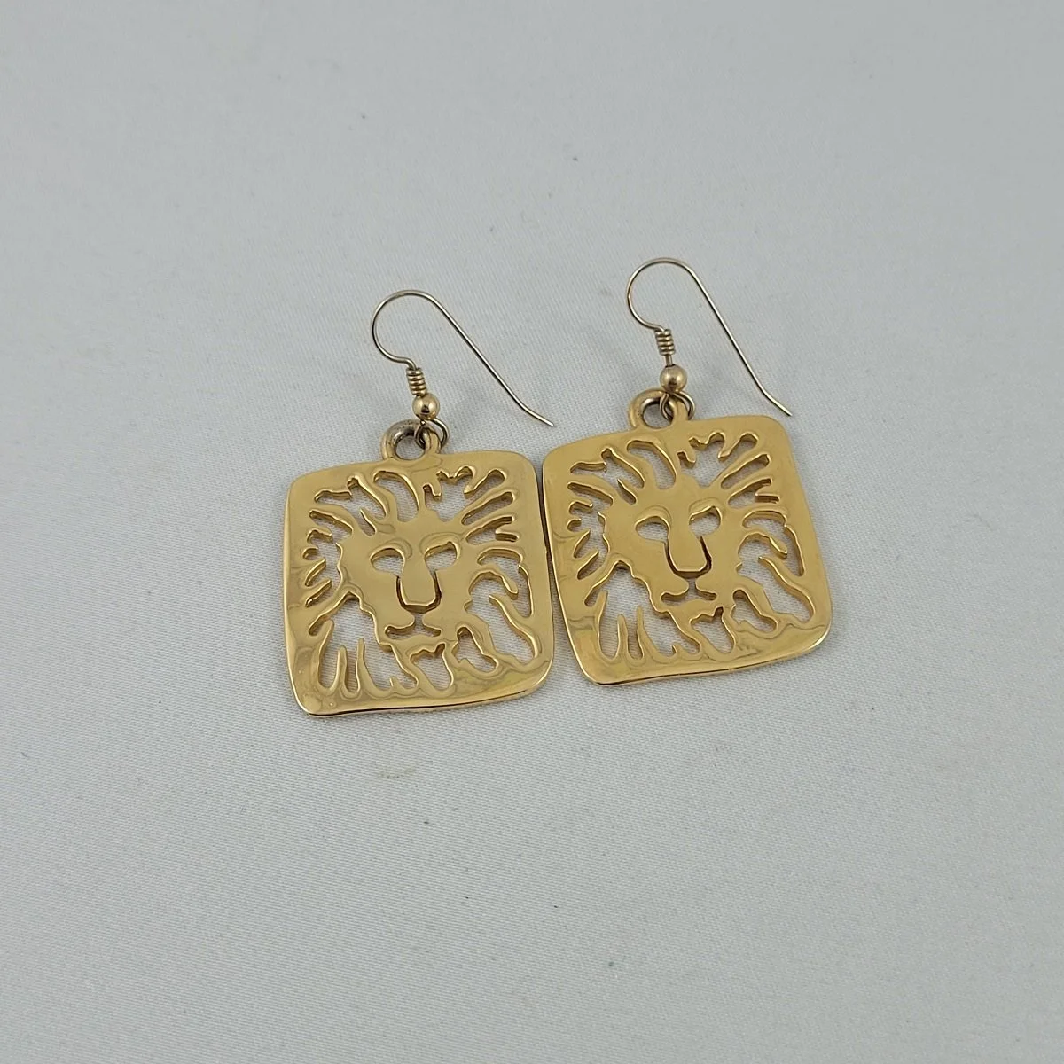 Anne Klein 1980s Iconic Logo Lion Head Cut Out Mirror-Polish Gold Square Pierced Earrings.jpg