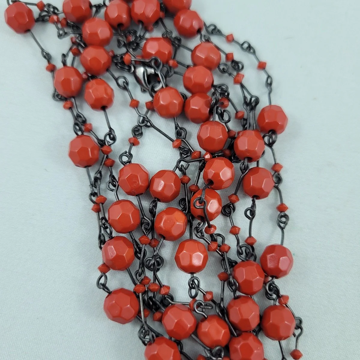 Cherry Red Faceted Round Plastic Bead Bicone Micro Bead Gunmetal Silver Bar Link Loopable 67 Inch Rope Necklace -3.jpg