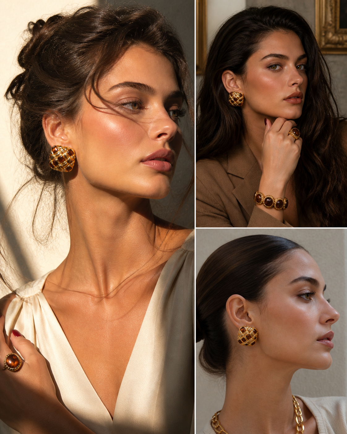 Ciner Burnt Orange Enamel Ribbed Basketweave Gold Clip-on Earrings - Model2.png