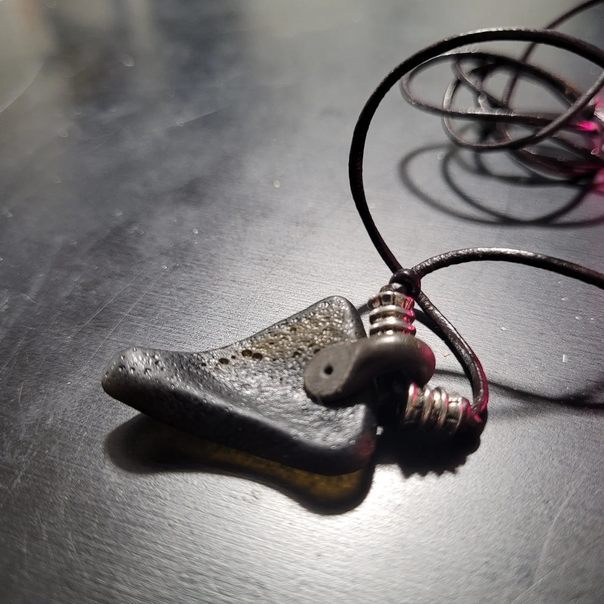 Rough Moldavite Tektite Irregular Shard Triangular Pendant Affixed Clay Bail Adjustable Cord Necklace -11.jpg