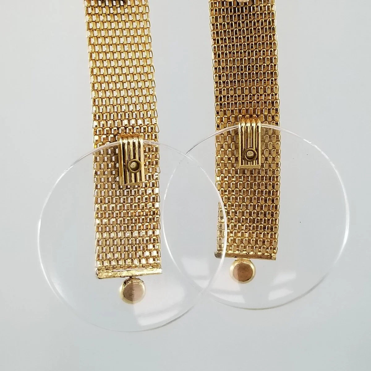 Postmodern Glam Woven Gold Flat Mesh Chainmaille Clear Lucite Disc Crystal Rhinestone Statement Clip-on Earrings -4.jpg (Copy)
