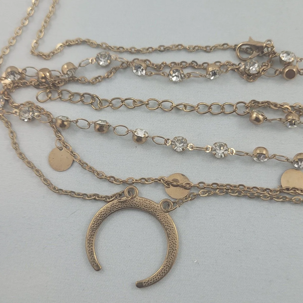 Triple Strand Gold Rolo Chain Prong Set Clear Chaton Crystal Rhinestone Medallion Fringe Crescent Moon Fixed Pendant Princess Necklace -2.jpg