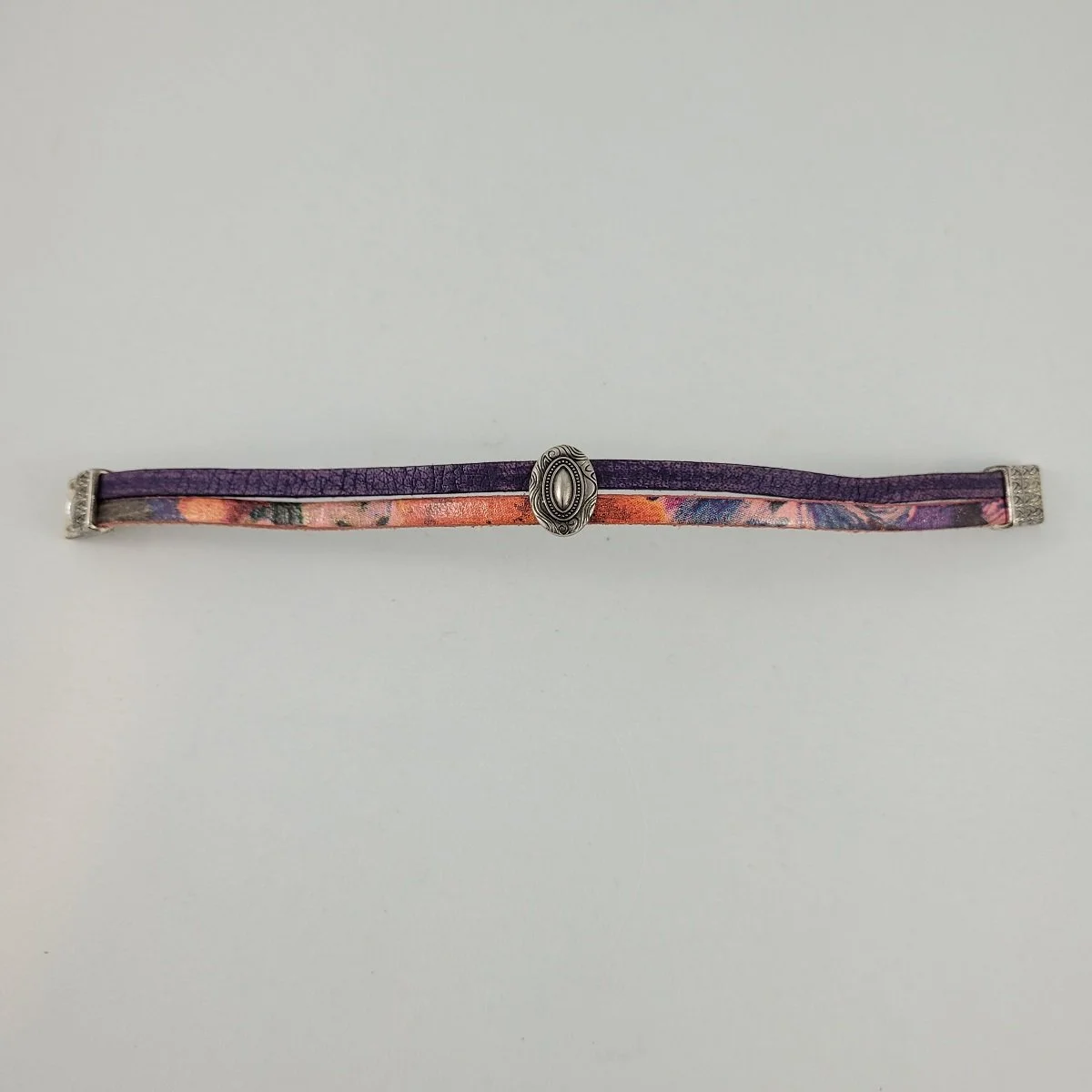 Boho Purple Pink Tie Dyed Style Double Band Leather Magnetic Clasp 8 Inch Bracelet with .625 Inch Silver-tone Oval Slide Pendant -3.jpg
