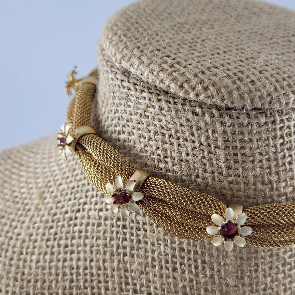 Gold Plated Mesh Red Rhinestone Enameled Flowers Adjustable Collar Necklace -5.jpg (Copy)