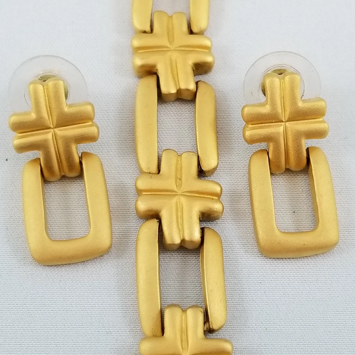 Butler Fifth Avenue Collection Satin Gold Cross Panel Link Choker Necklace Pierced Earrings Demi-Parure Set -3.jpg