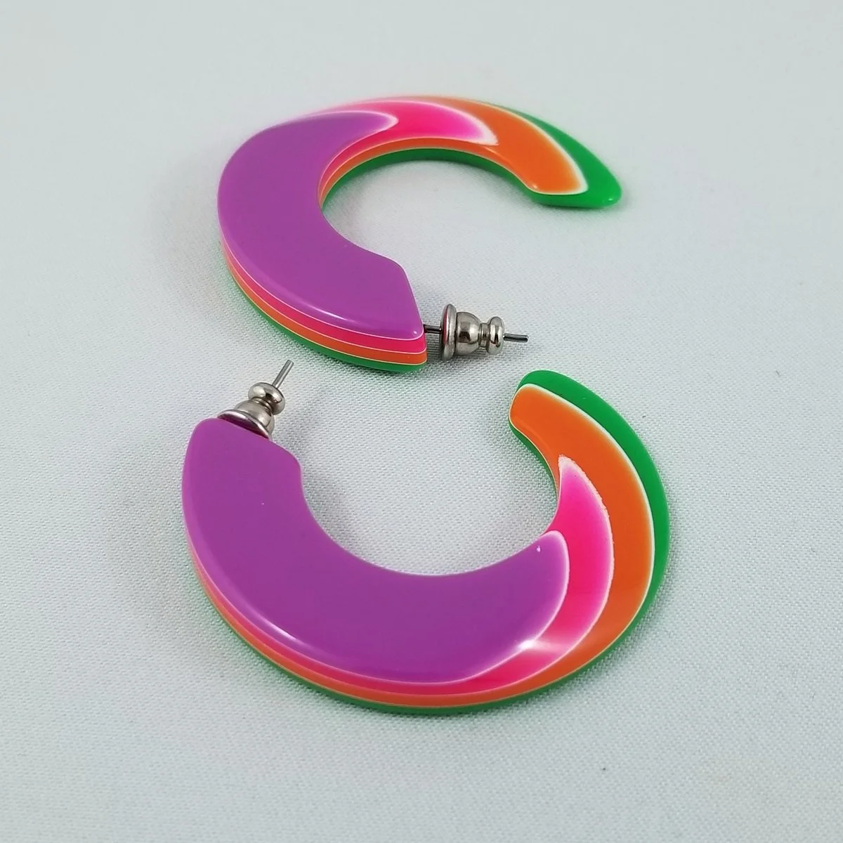 Lea Stein Attributed Rainbow Laminated Rhodoid Plastic Modernist Half Hoop Pierced Earrings