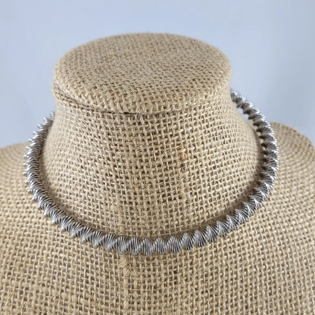 1950's - 1960's Modernist Simple Helix Coiled Spiral Memory Flex Wire Silver Adjustable Choker Necklace -1.jpg