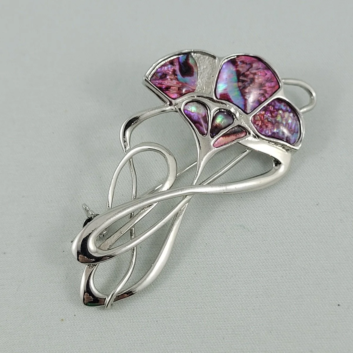 Duri Art Nouveau Style Pink Abalone Inlay Tulip Flower Silver Brooch Front Side