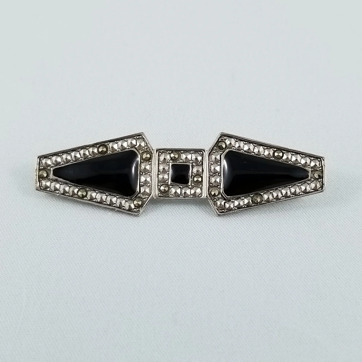 Pierre Bex 1980’s Art Deco “Strass” Line Geometric Black Enamel Marcasite Bow Brooch.jpg