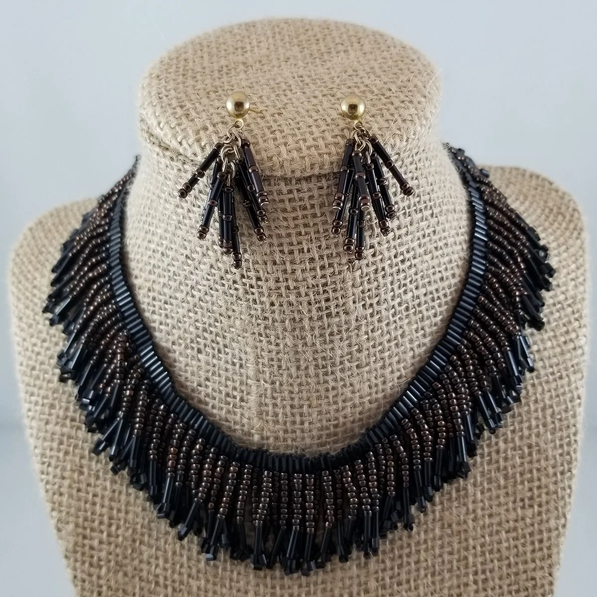 Black Bronze Glass Bugle Bead Fringe Collar Necklace Pierced Earrings Demi-Parure Set