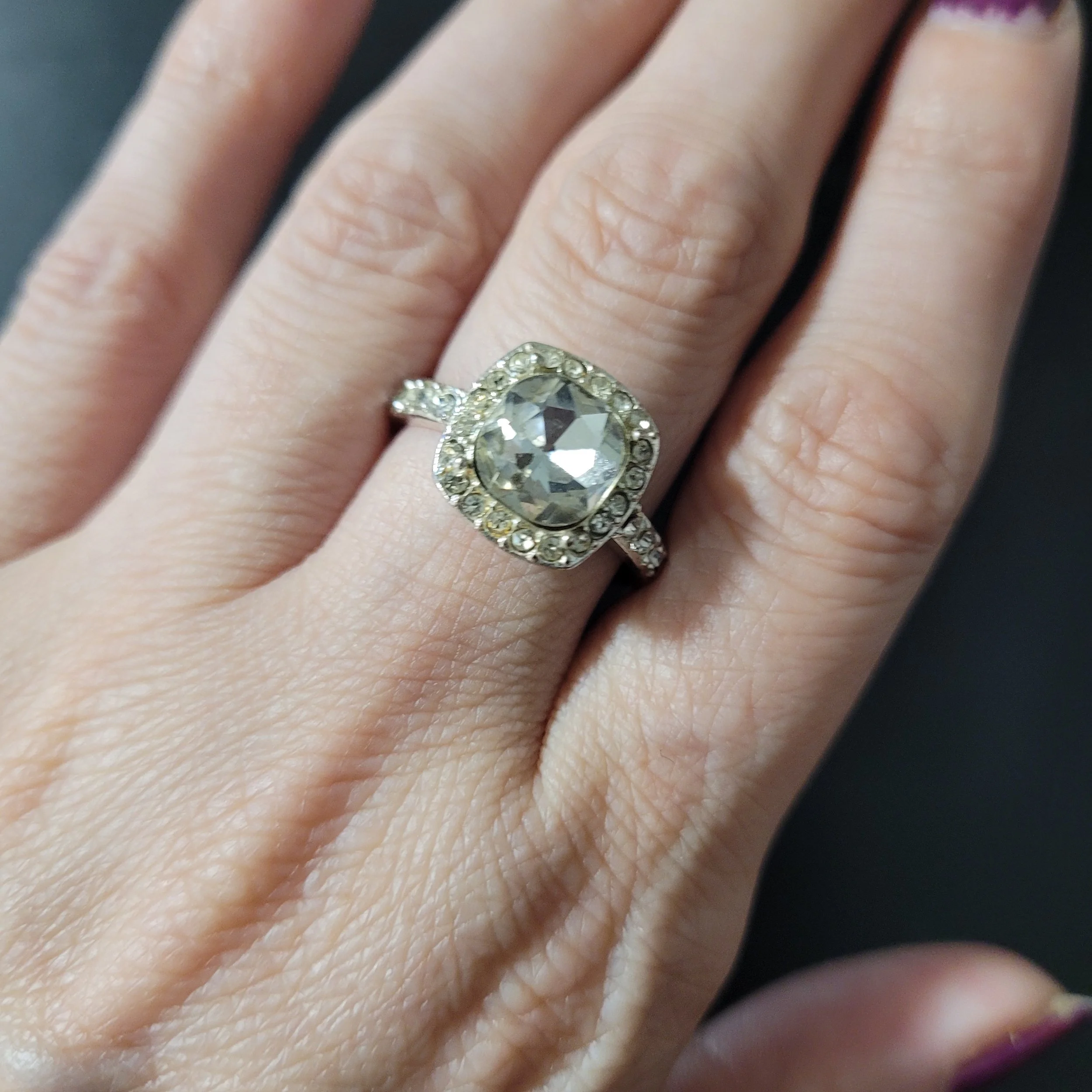 Art Deco Silver Plated Copper Engagement Cushion Cut Simulated Diamond Encrusted Ring Size 7.5