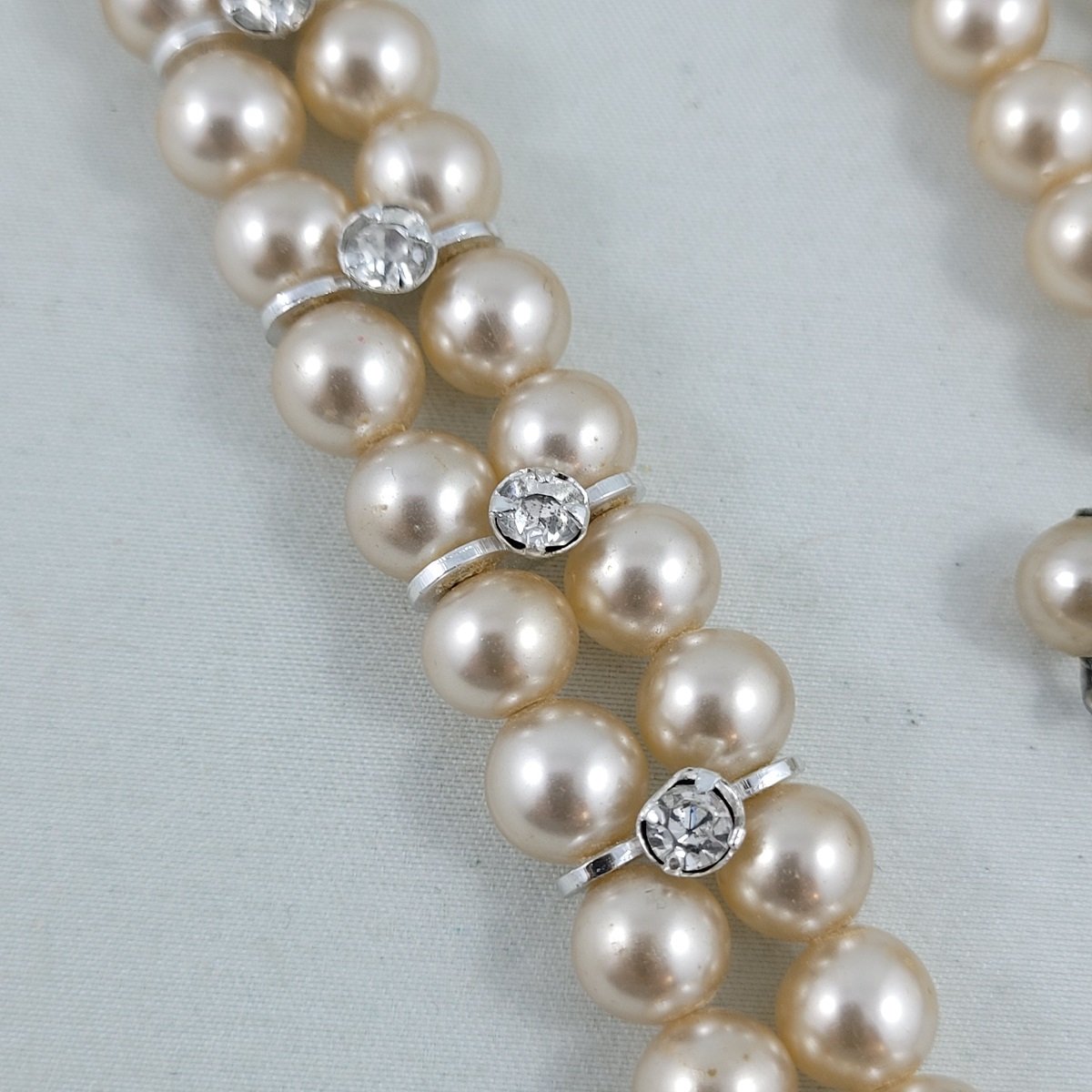 1950's Double Strand Luminescent Peach Faux Pearl Crystal Rhinestone Adjustable 16.5 Inch Choker Necklace -4.jpg