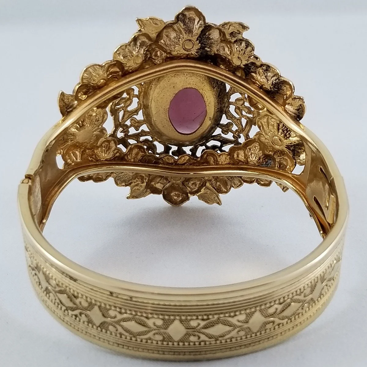Gothic Revival Bangle Amethyst Glass Etched Scroll Gold-Tone Hinged Bracelet -4.jpg