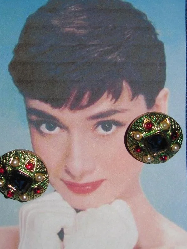 Marcel Boucher Byzantine Maltese Multi-Gem Glass Cabochon Square Faceted Sapphire Green Enamel Cross Hatched Gold-tone Clip Earrings -4.JPG