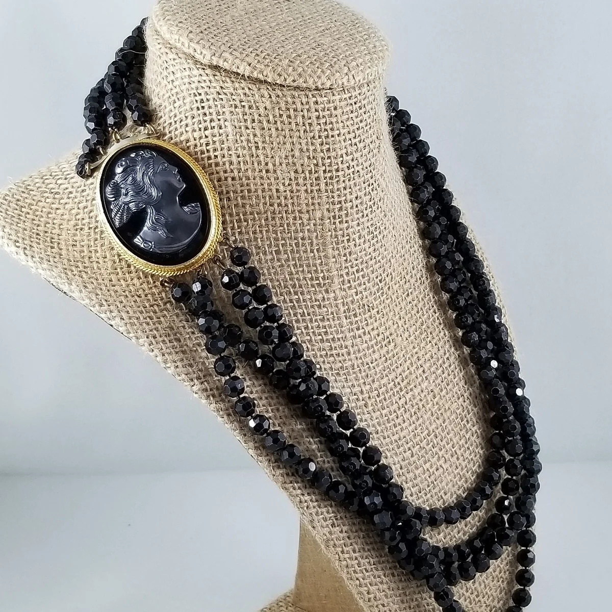 Mourning Style Gothic Simulated Hematite Cameo Multi-strand Gilt Necklace -3.jpg
