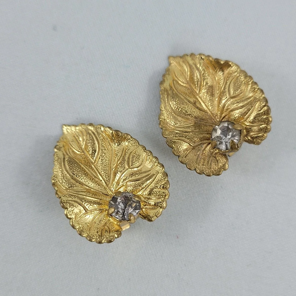 Marvella Gold Plated Naturelle Granulated Textured Organic Leaf Clear Rhinestone Clip-on Earrings.jpg (Copy)