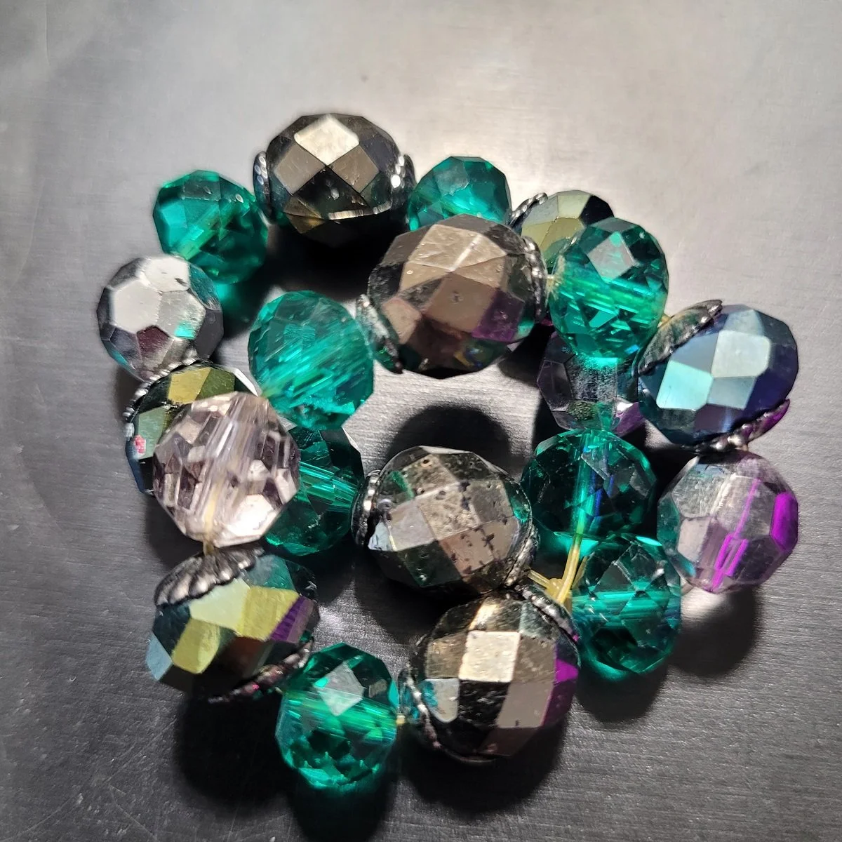 Faceted Iridescent Disco Ball Sea Green Glass Rondelle Beaded Elasticized Bracelet -1.jpg