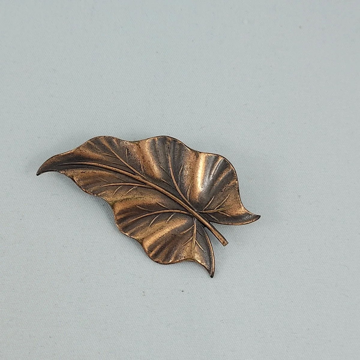 Art Nouveau Style 1950's Anodized Copper Long Organic Leaf 2.25 Inch Brooch Side View
