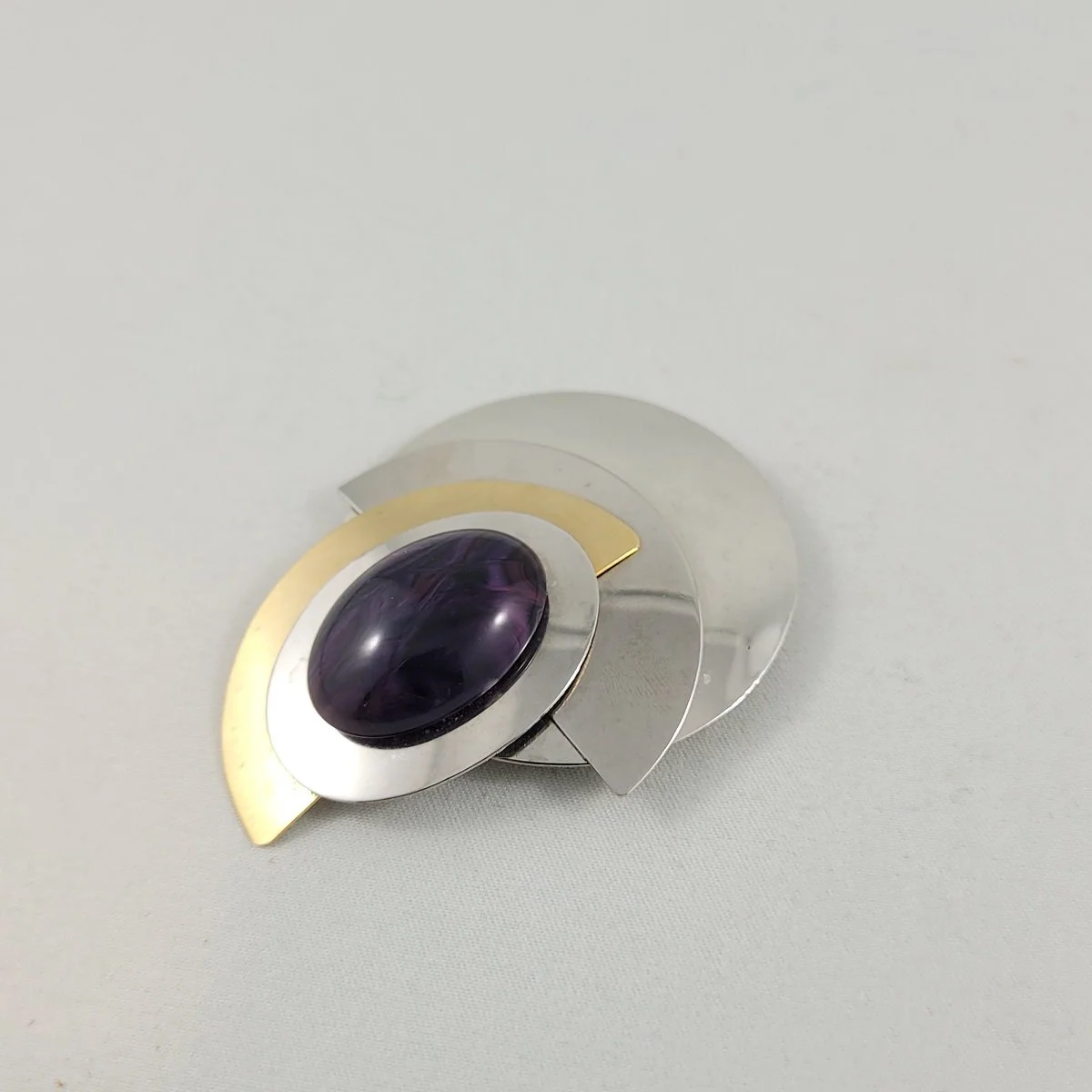Avant Garde Modernist Polished Metal Brushed Gold Layered Geometric 2.5 Inch Brooch w Marbled Purple Lucite Oval Domed Cabochon -1.jpg