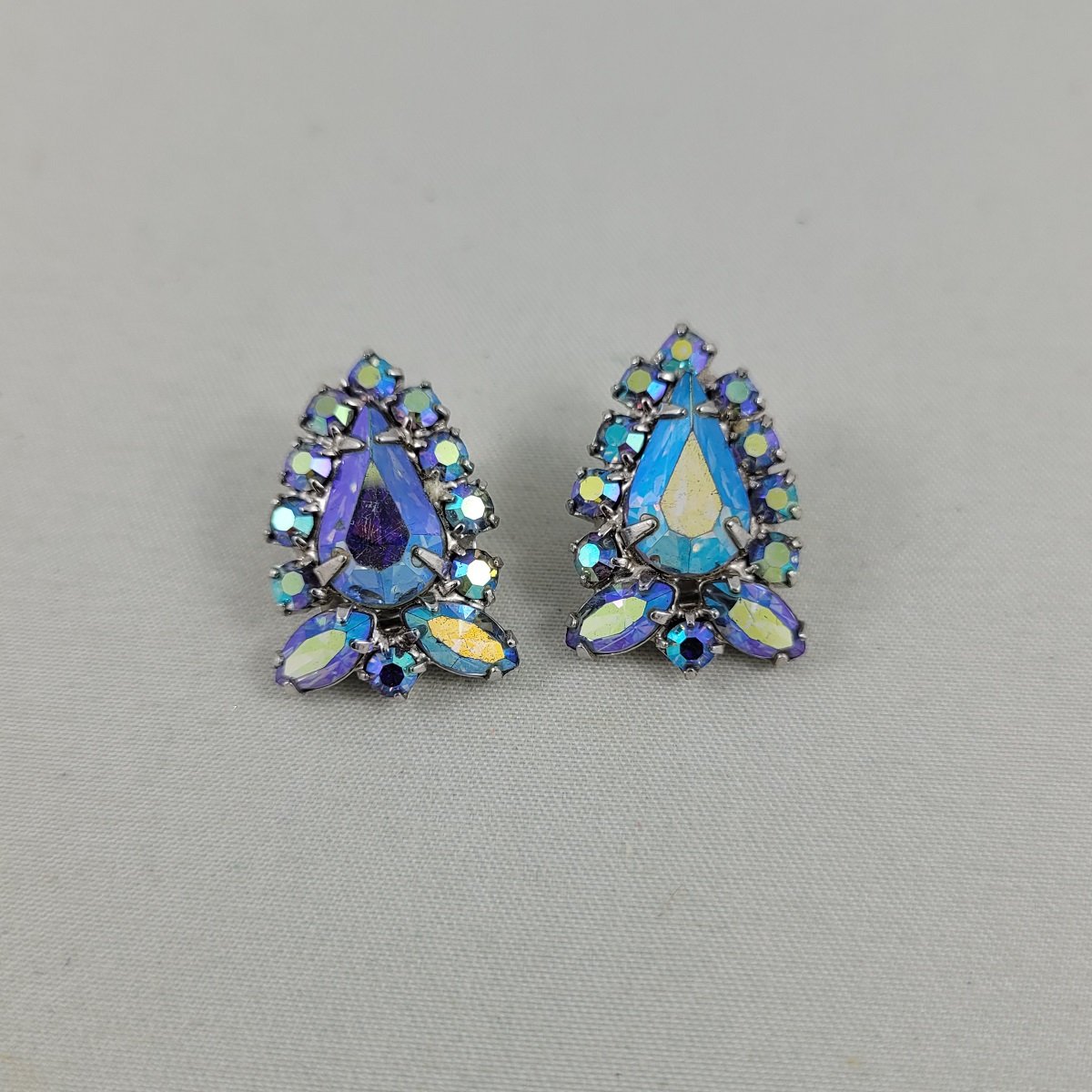 Blue Aurora Borealis Prong Set Mix Rhinestone Strawberry Shape Silver-tone Clip Earrings