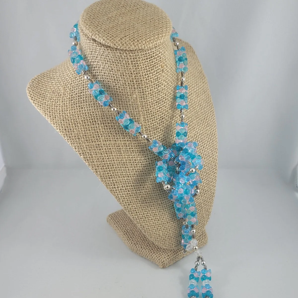 Flapper Revival 1960's Lucite Blue Clear Rose Silver Interlocking Tri-Bead Beaded Sautoir Necklace -2.jpg (Copy)