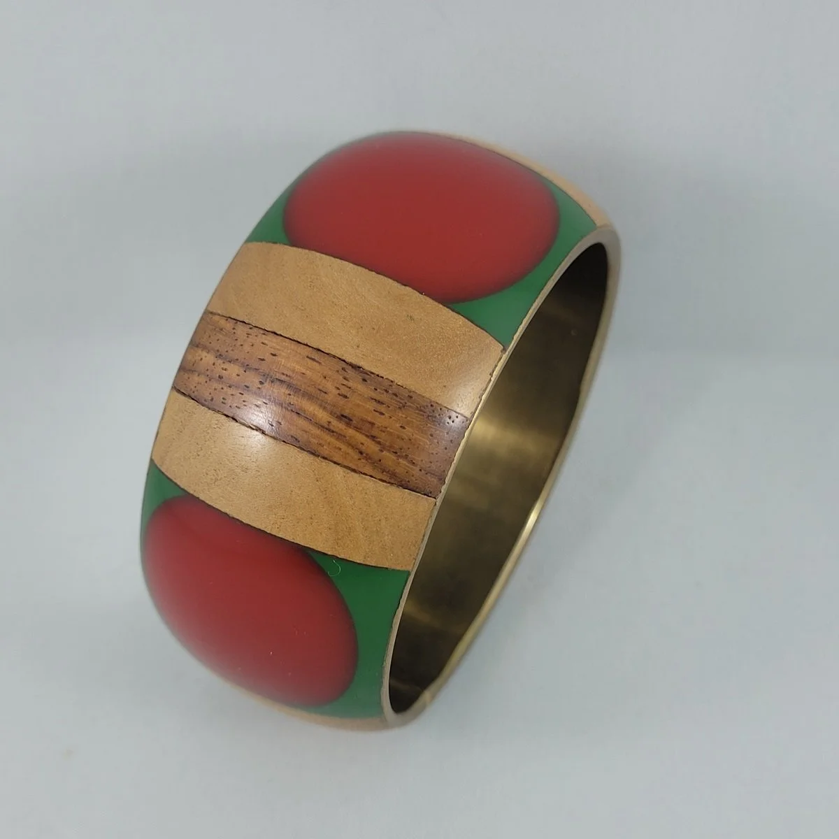 Art Deco Wood Panel Green Red Dot Laminated Resin Inlay Brass Domed Bangle Bracelet