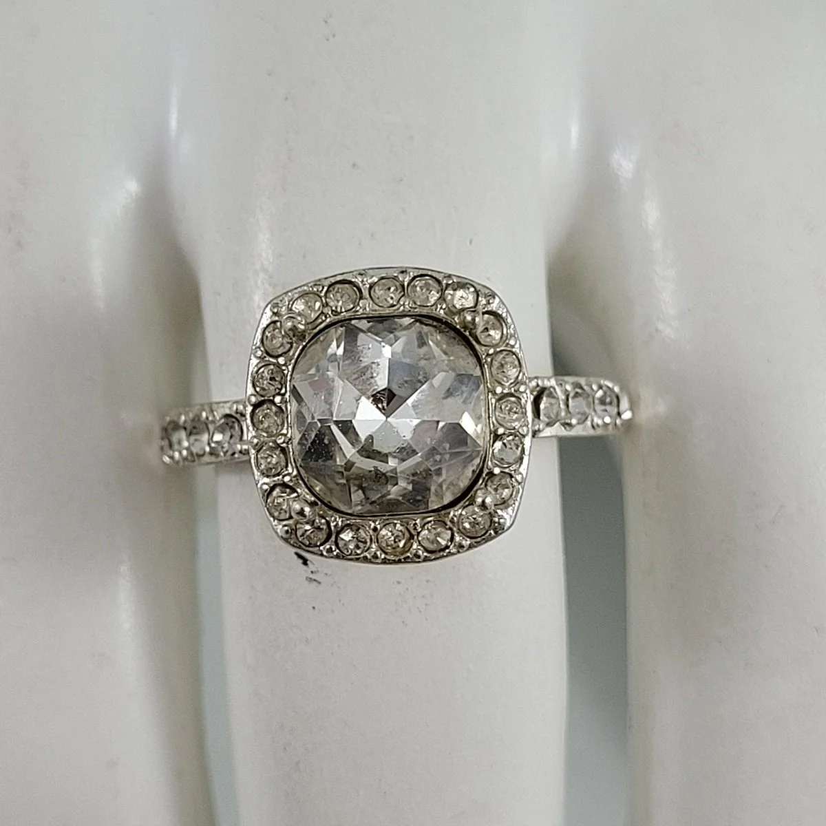Art Deco Silver Plated Copper Engagement Cushion Cut Simulated Diamond Encrusted Ring Size 7.5 Front View