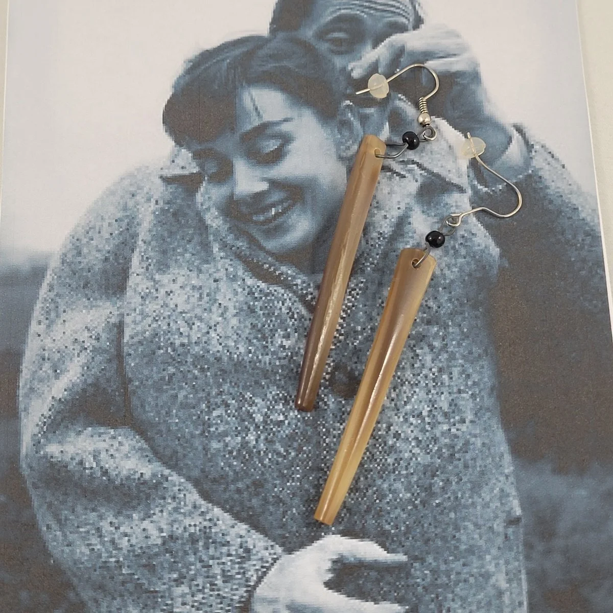 Inuit Carved Genuine Natural Muskox Caribou Bone Antler Horn 3.5 Inch Drop Black Bead Pierced Earrings.jpg (Copy)