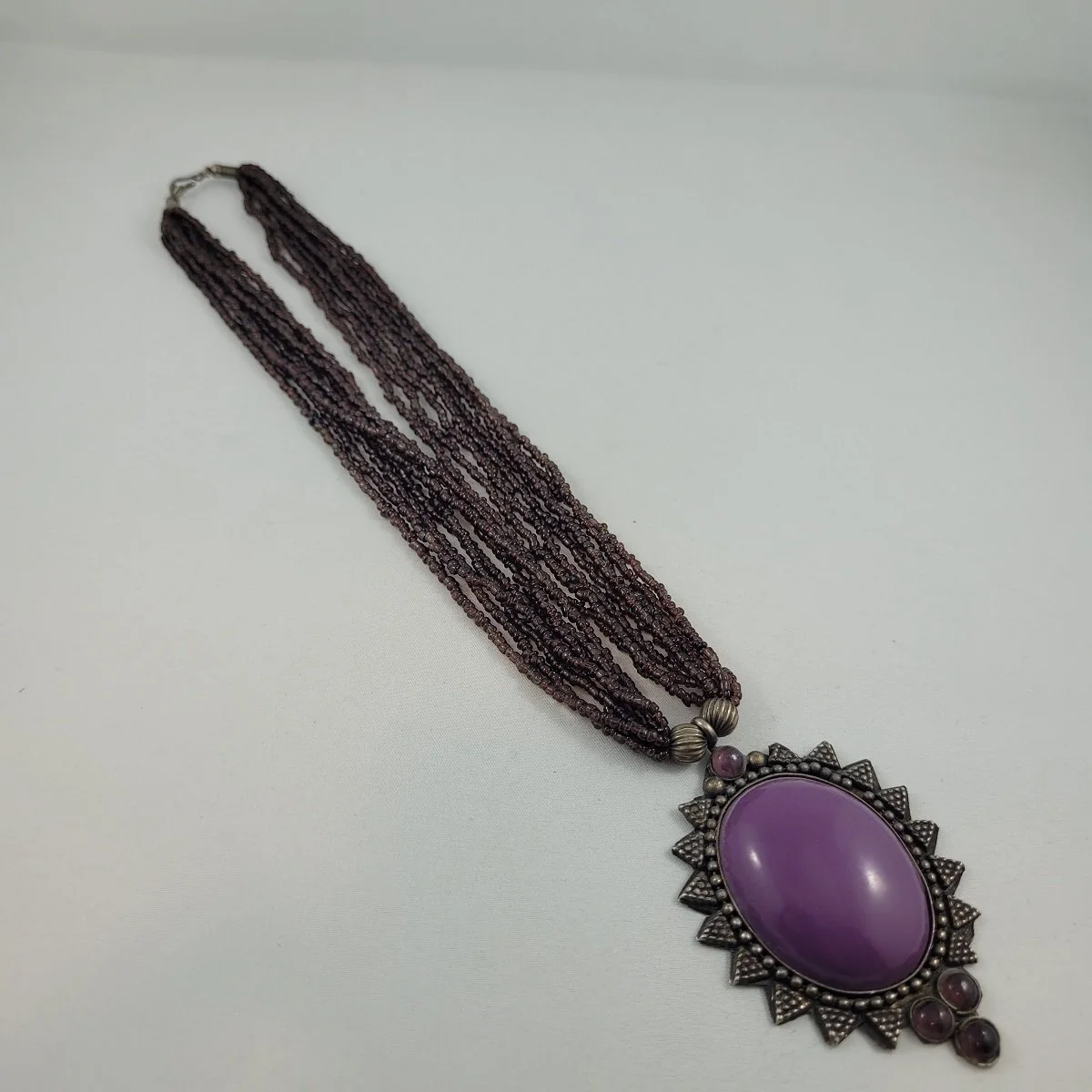 Gothic Victorian Sunburst Antiqued German Silver Oval Purple Plastic Domed Cabochon 3 Inch Fixed Pendant Multi-Strand Beaded Glass Torsade Princess Necklace -3.jpg