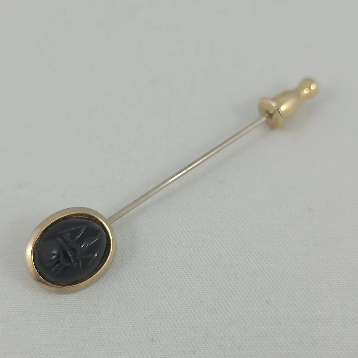 Egyptian Revival 10.4mm Carved Genuine Onyx Stone Scarab Beetle 2 Inch Stick Pin Front View