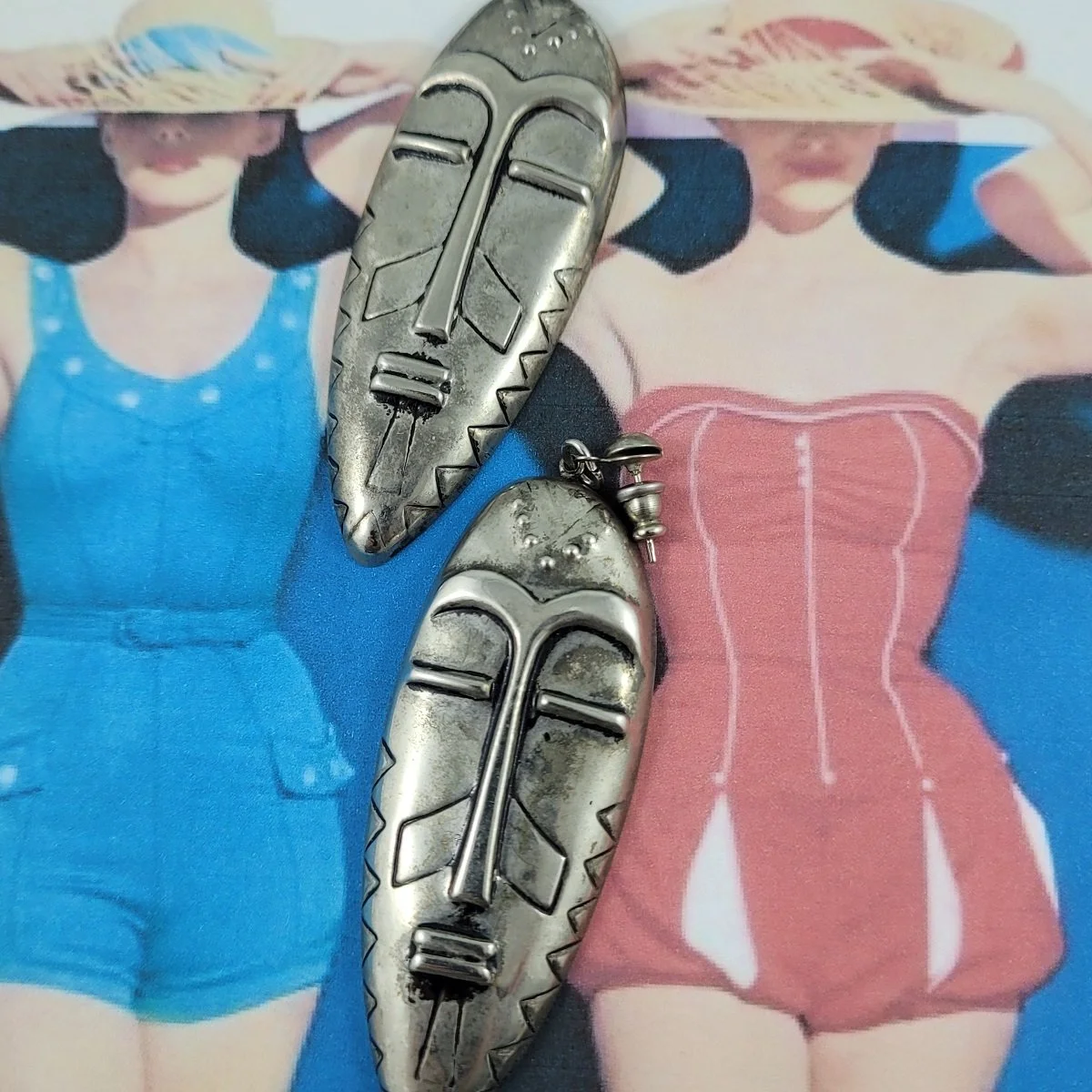 Rustic Silver-tone Repousse Elongated Tribal Mask Drop Pierced Earrings -5.jpg