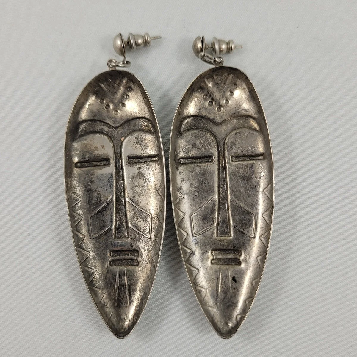 Rustic Silver-tone Repousse Elongated Tribal Mask Drop Pierced Earrings -2.jpg