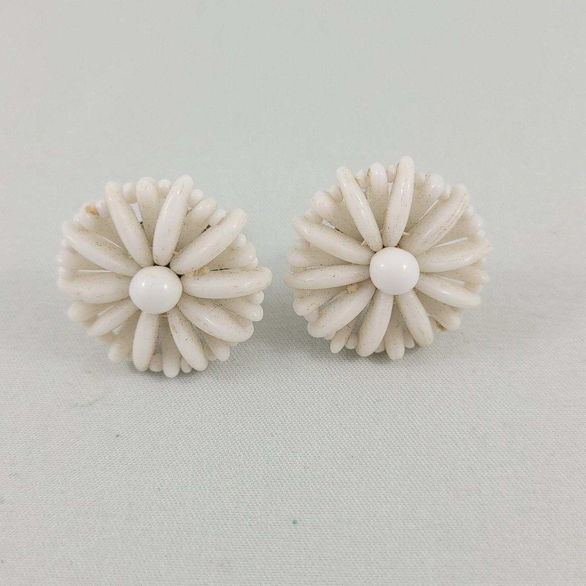 Western Germany 1950's White Milk Glass Bead Cluster Daisy Flower Silver Screw-back 1 Inch Earrings