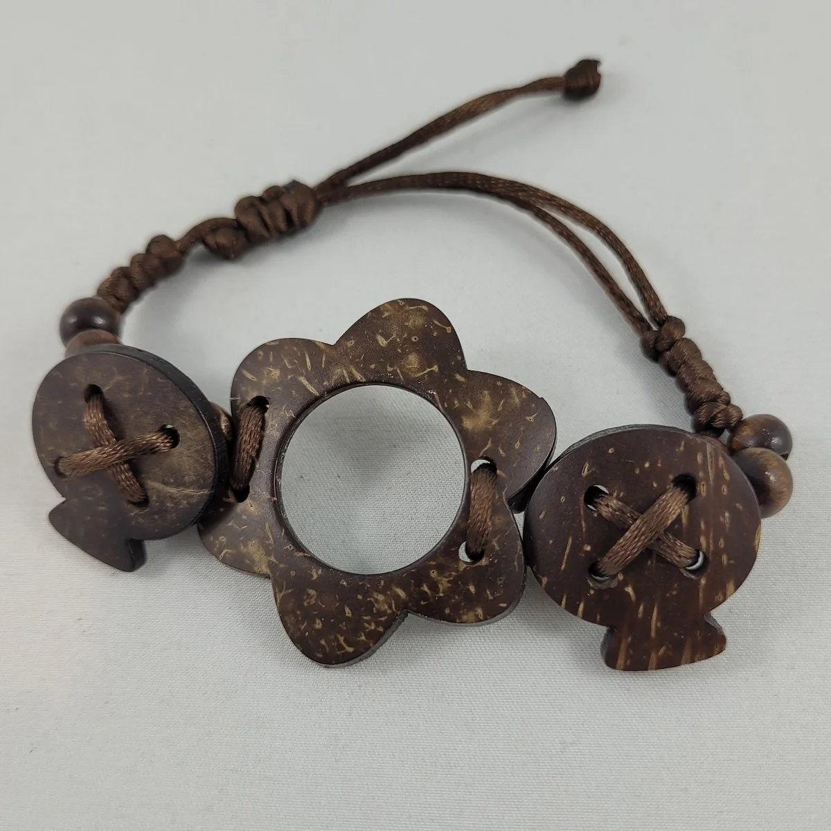 Natural Coconut Shell Wood Bead Flower Adjustable Bracelet