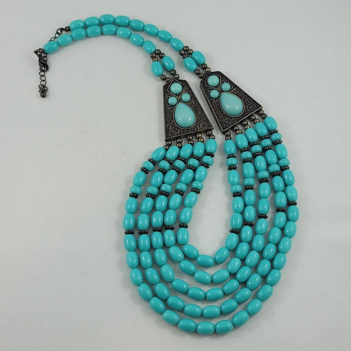 Antiqued Brass Turquoise Five-Strand Waterfall Filigree Bib Necklace -4.jpg