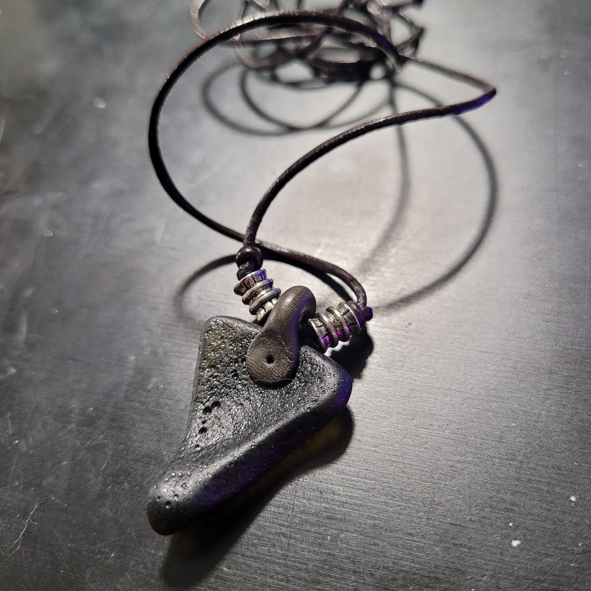 Rough Moldavite Tektite Irregular Shard Triangular Pendant Affixed Clay Bail Adjustable Cord Necklace -12.jpg