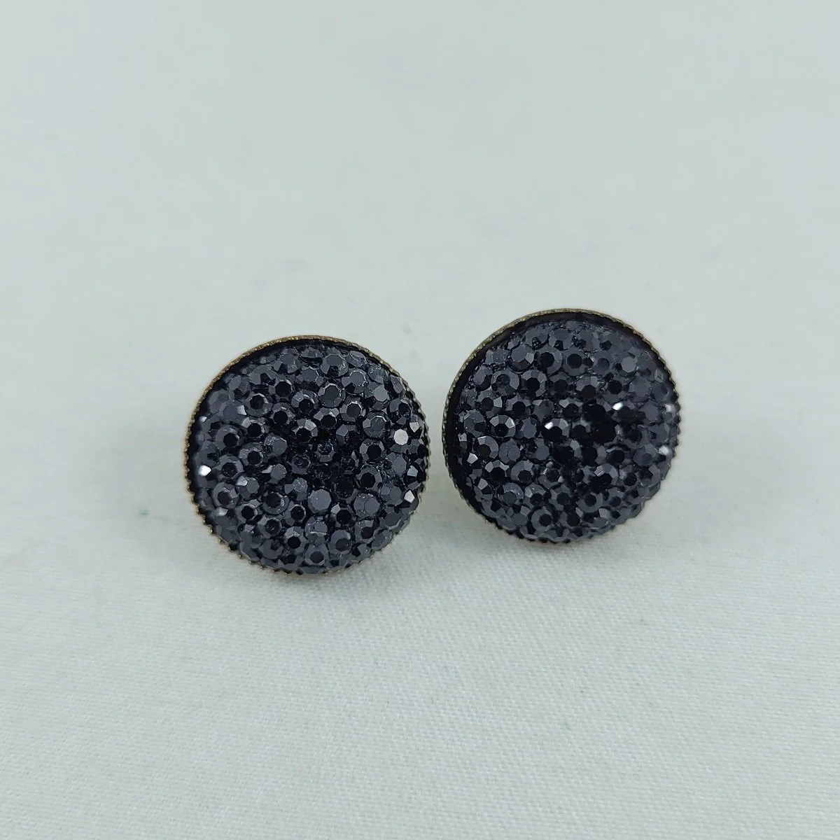 Sparkling Black Simulated Druzy Cabochon Round Gold-tone 16mm Pierced Earrings.jpg