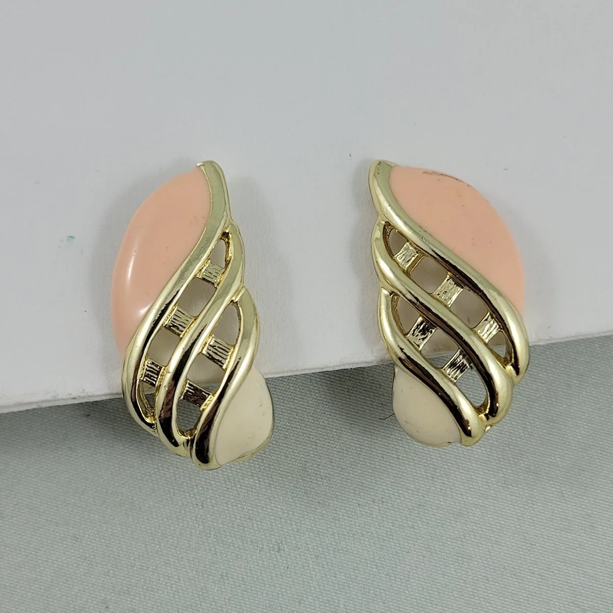 Trifari Pink Cream Enamel Gold-tone Basketweave Pierced Earrings
