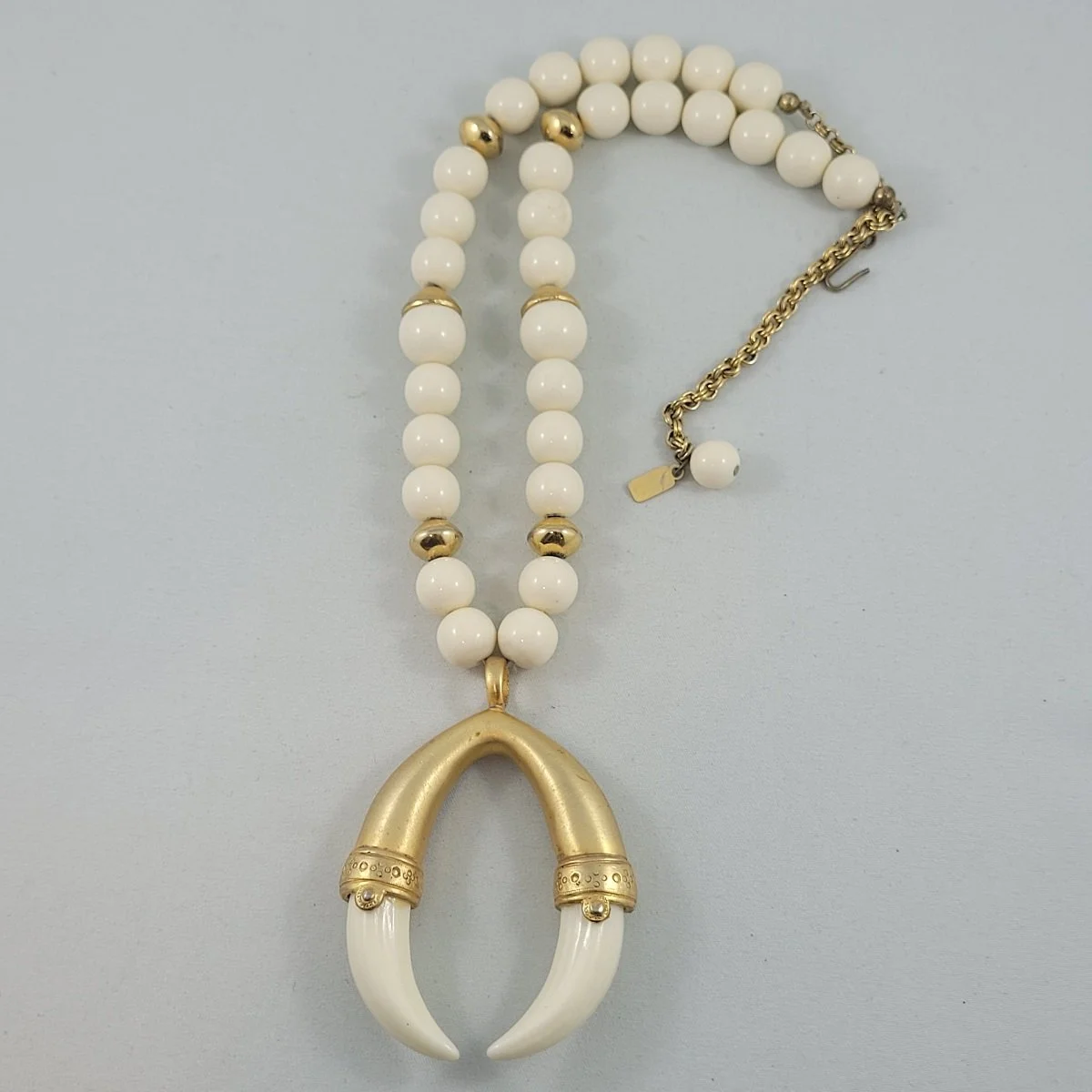 Kenneth Jay Lane KJL Round Bead Satin Gold Faux Ivory Horn Tusk Fixed Pendant Beaded Matinee Necklace -4.jpg (Copy)