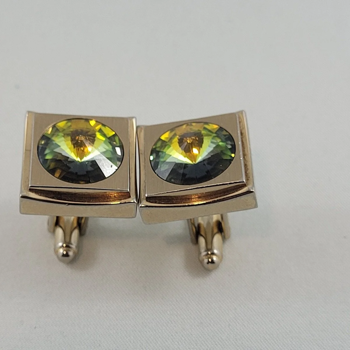 Modernist Olivine Watermelon Rivoli Austrian Crystal Square Cufflinks -3.jpg